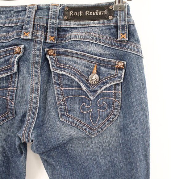 Rock Revival Jeans Womens 28 Gwen Boot Blue Flap Thick Stitch Low Rise Denim - Picture 4 of 14